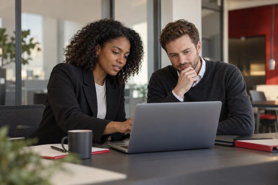 Recruitment illustration: HR and an engineer reviewing an application together