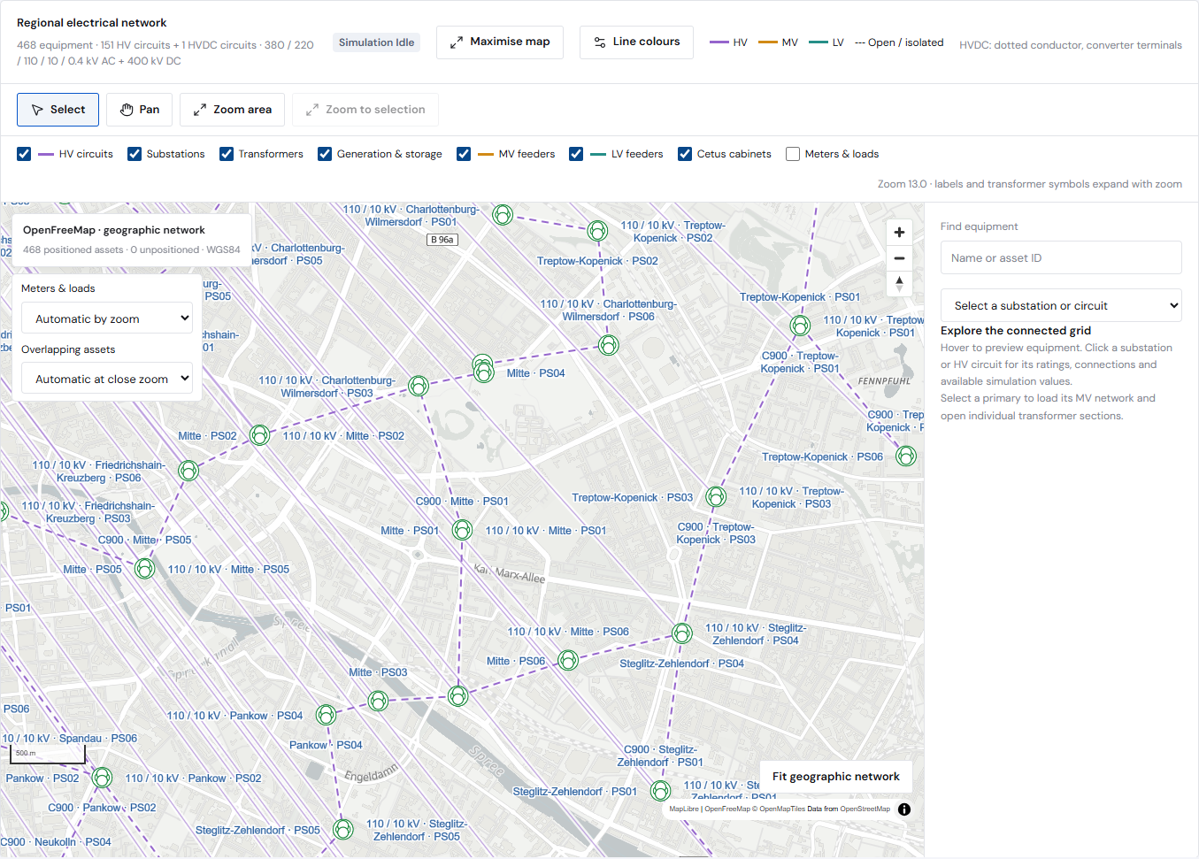 Cetus geographic network view with example electrical equipment and connections