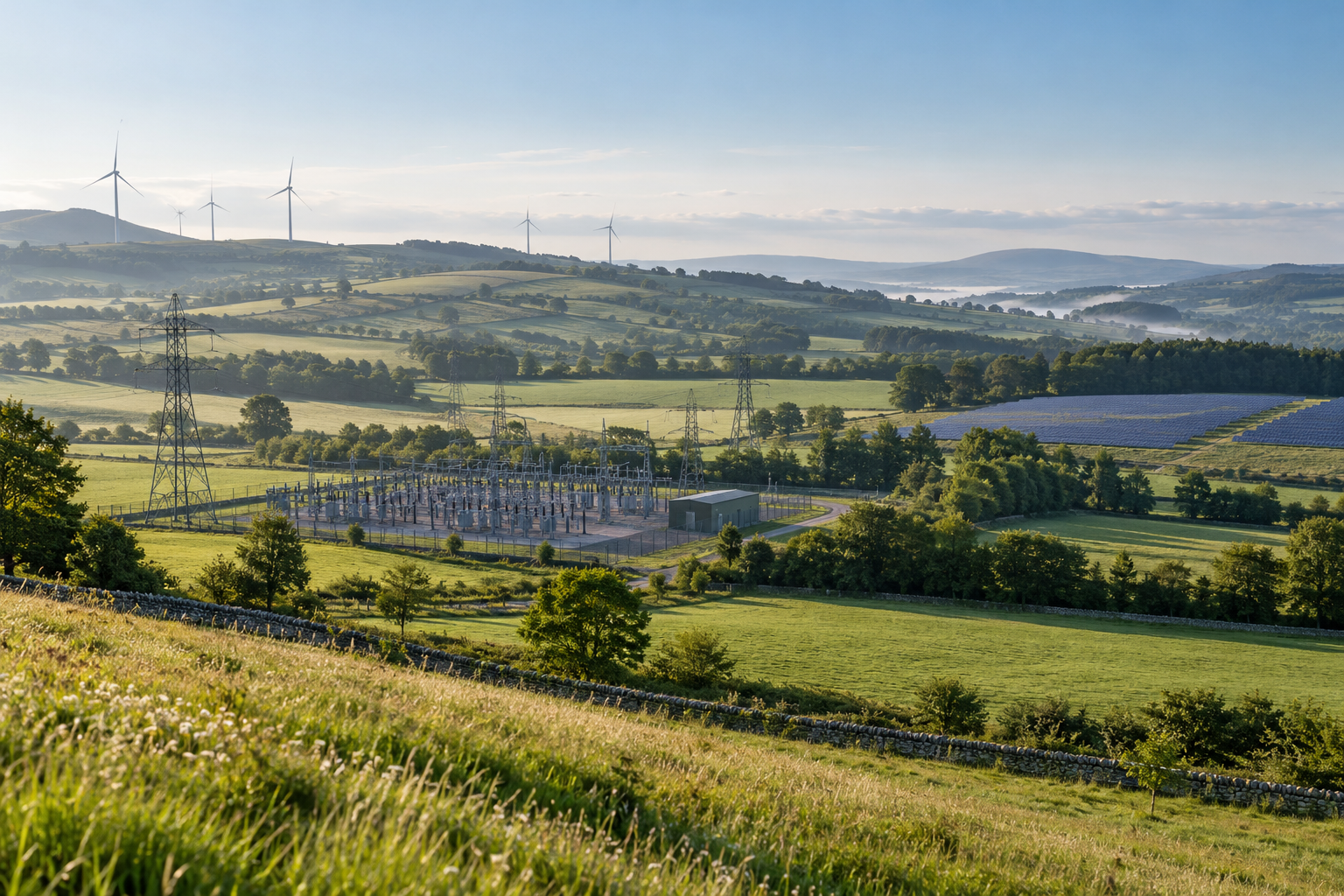 Conceptual landscape combining renewable generation, electricity infrastructure and working land